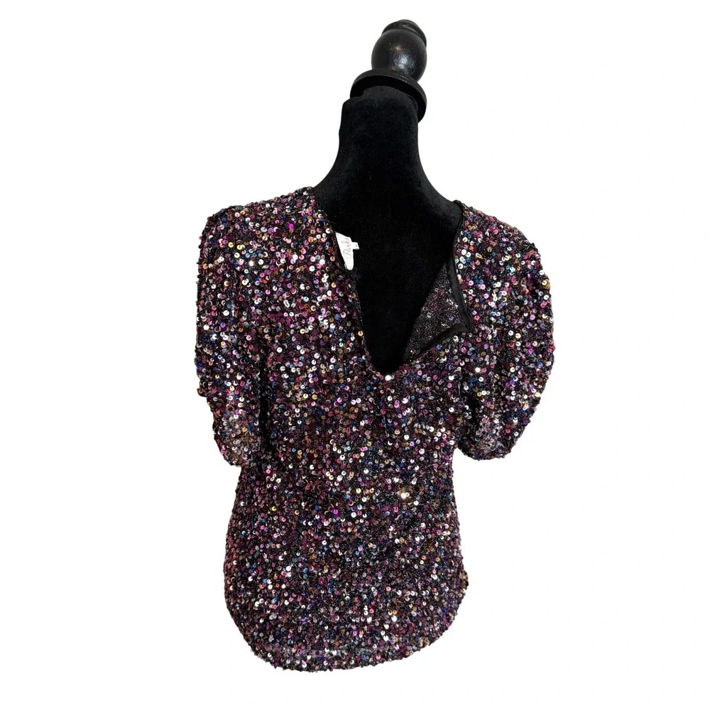 Parker All Over Colorful Sequin Top Womens XS Sheer Festive Holiday Sparkle Glam